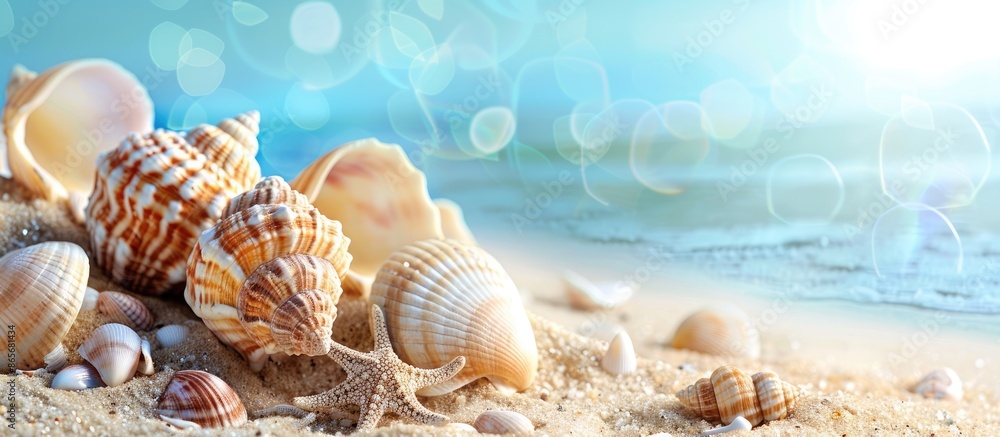 Shells on sandy seashore against blue backdrop with room for text Shells on sandy seashore against blue backdrop with room for text