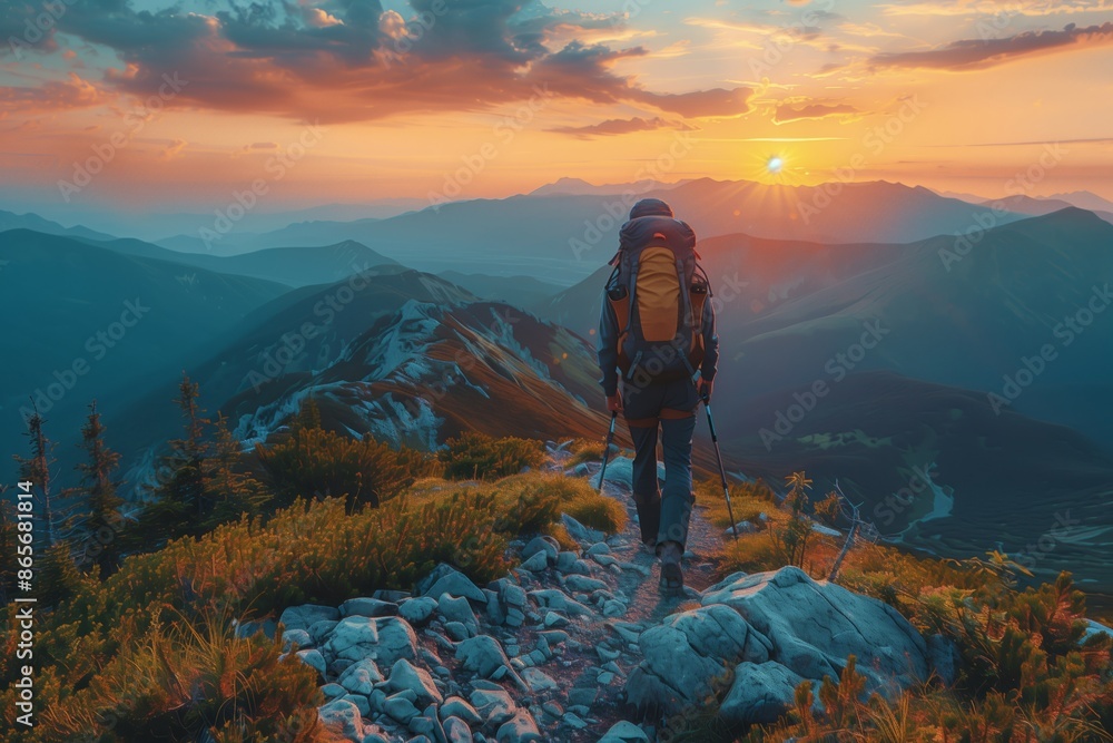 Sunset Mountain Hiking Adventure with Heavy Backpack Sunset Mountain Hiking Adventure with Heavy Backpack