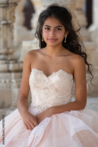 Smiling Hispanic teenage girl posing wearing her quinceanera fancy outfit posing for a formal portrait in a beautiful park