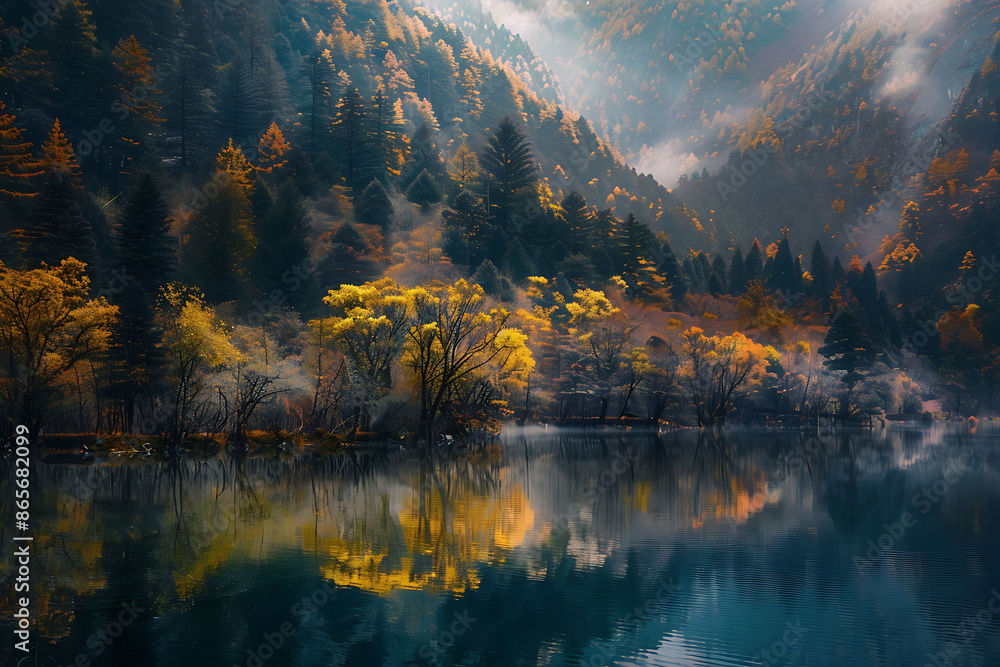 Naklejka premium Picturesque landscape of the Jiuzhaigou Valley in China known for its colorful lakes and dense forests 