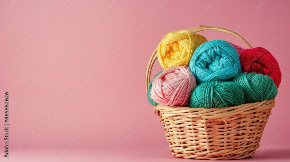 Crafting with yarn at home Colorful wool in basket on pink background Crafting with yarn at home Colorful wool in basket on pink background