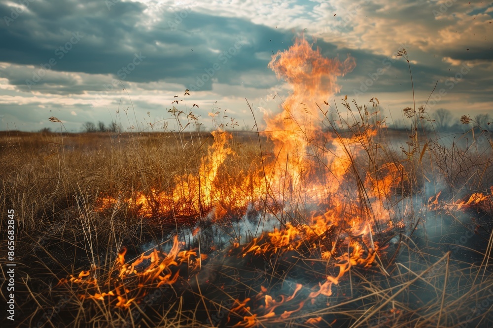 Dry grass in field burning Dry grass in field burning
