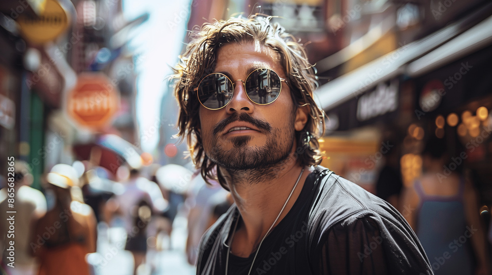 Handsome male tourist in sunglasses, black t-shirt standing in the middle of a city street. Handsome male tourist in sunglasses, black t-shirt standing in the middle of a city street.