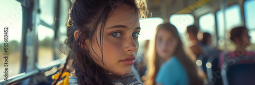 Caucasian teenage girl sitting on a school bus © S photographer