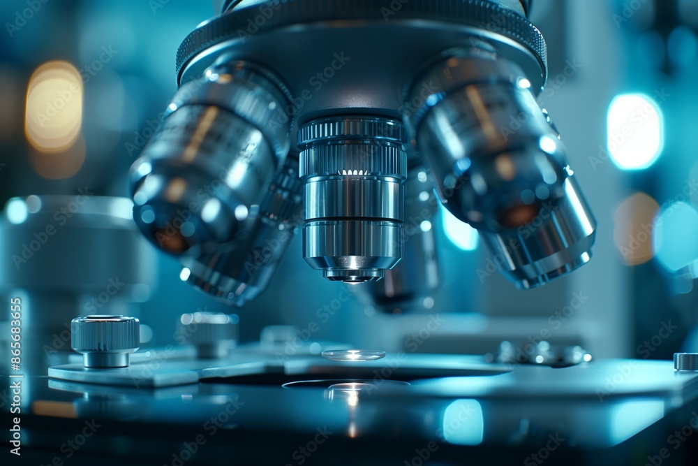 Close-Up View of a Microscope Lens Focused on a Slide in a Laboratory Setting Close-Up View of a Microscope Lens Focused on a Slide in a Laboratory Setting