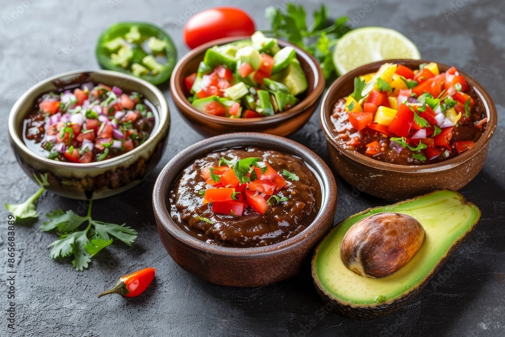 Famous Mexican sauces chocolate mole pico de gallo guacamole flag salsa pineapple and mango salsa on grey slate Famous Mexican sauces chocolate mole pico de gallo guacamole flag salsa pineapple and mango salsa on grey slate