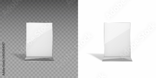 Stand or acrylic table tent, card holder isolated on transparent and white backgrounds. Vector empty flyer glass display. Plastic frame of photo, paper sheet mock up or restaurant menu