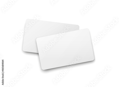 Plastic or paper business cards isolated on white background. Vector blank sticker, sheet, label, banner template with transparent shadow