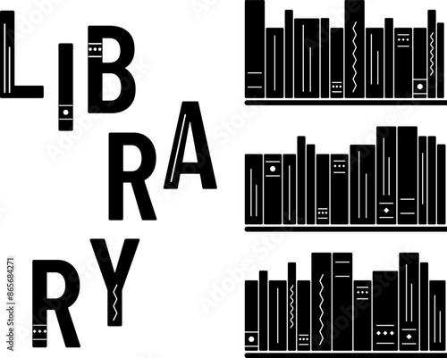 Black Silhouette of bookshelf, word Library. Hardcover books. Reading literature, encyclopedias, textbooks. Stories, wisdom and knowledge. Scattered letters. Isolated interior. Vector illustration