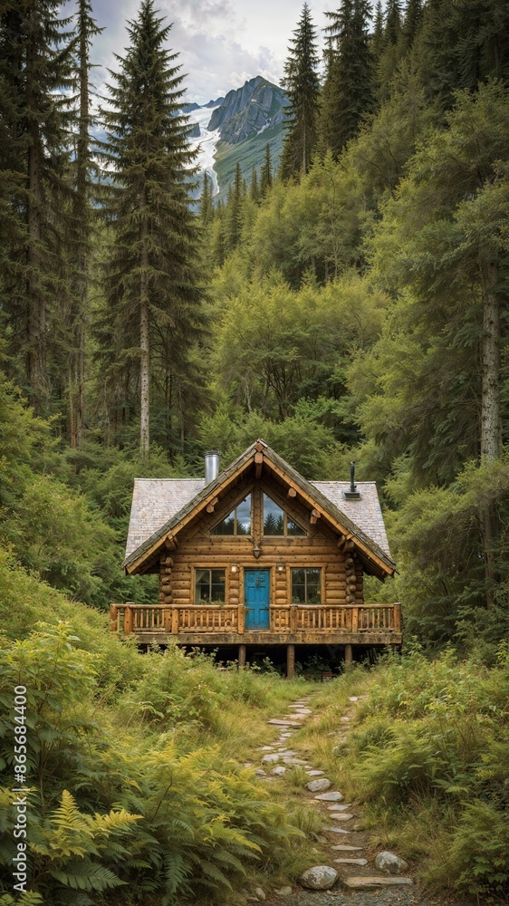 A beautiful and cozy wooden cabin in Alaska, nestled in the middle of a forest with mountains view A beautiful and cozy wooden cabin in Alaska, nestled in the middle of a forest with mountains view