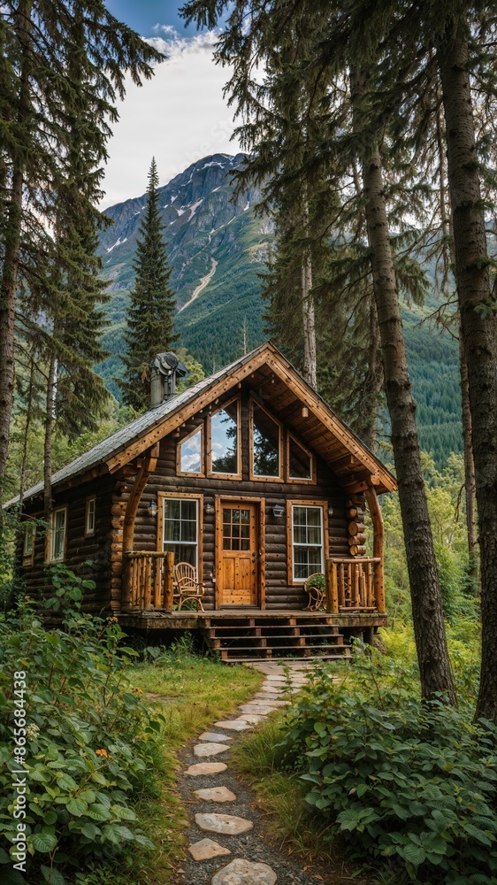 A beautiful and cozy wooden cabin in Alaska, nestled in the middle of a forest with mountains view A beautiful and cozy wooden cabin in Alaska, nestled in the middle of a forest with mountains view