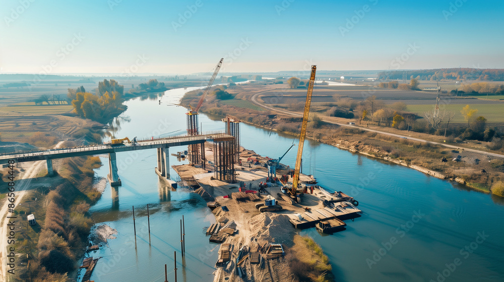 Naklejka premium Aerial view of a bridge under construction over a river