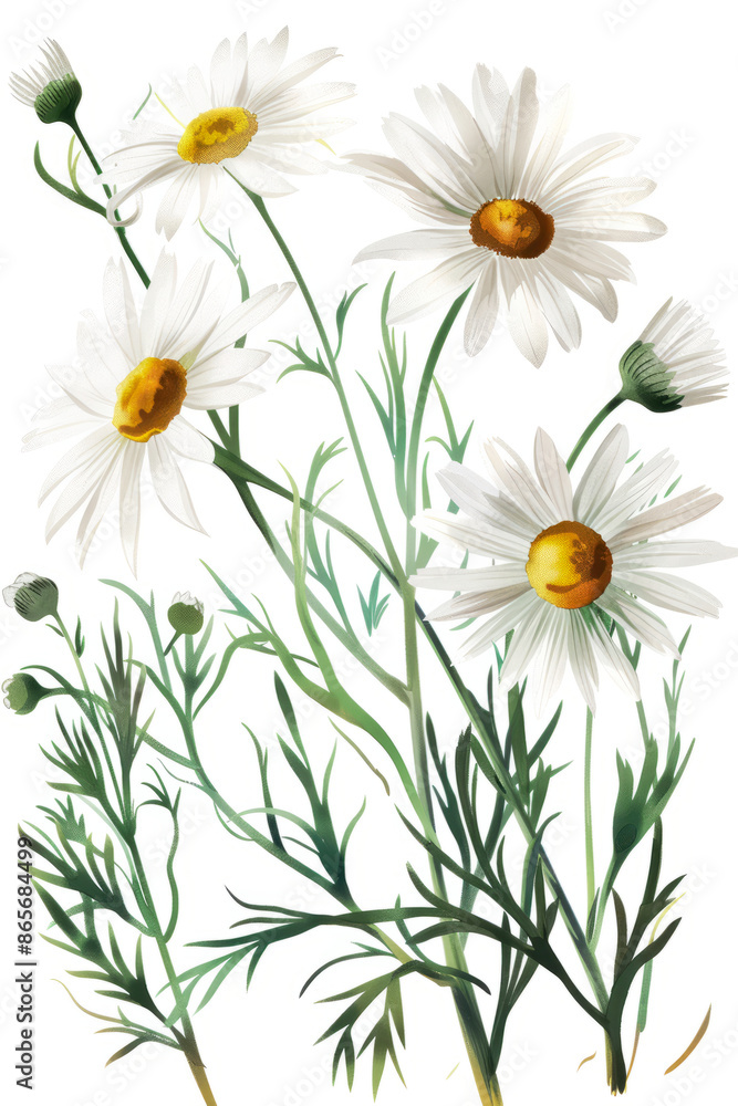 Illustration of white chamomile flowers on a white background. Illustration of white chamomile flowers on a white background.