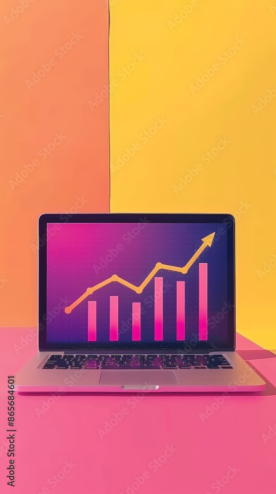 Laptop displaying a pink and yellow financial growth chart on a colorful background. Vibrant business and technology concept. Ideal for digital marketing and presentations Laptop displaying a pink and yellow financial growth chart on a colorful background. Vibrant business and technology concept. Ideal for digital marketing and presentations