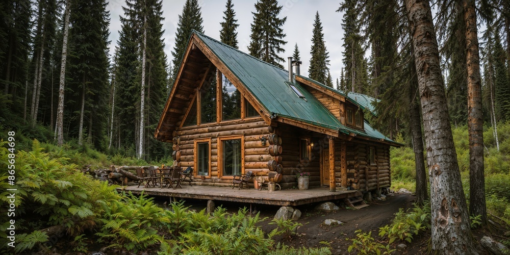 A beautiful and cozy wooden cabin in Alaska, nestled in the middle of a forest with mountains view A beautiful and cozy wooden cabin in Alaska, nestled in the middle of a forest with mountains view