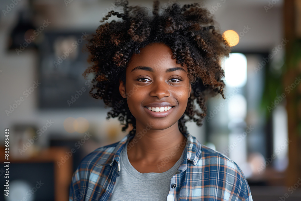 African American woman wearing casual clothes smiles with confidence in office. African American woman wearing casual clothes smiles with confidence in office.