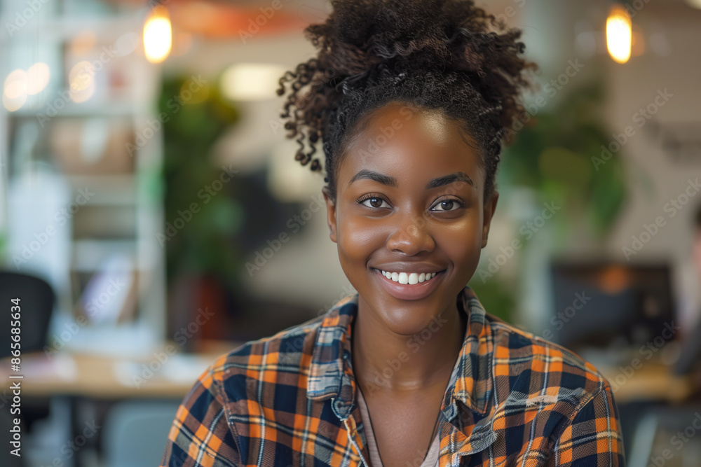 African American woman wearing casual clothes smiles with confidence in office. African American woman wearing casual clothes smiles with confidence in office.