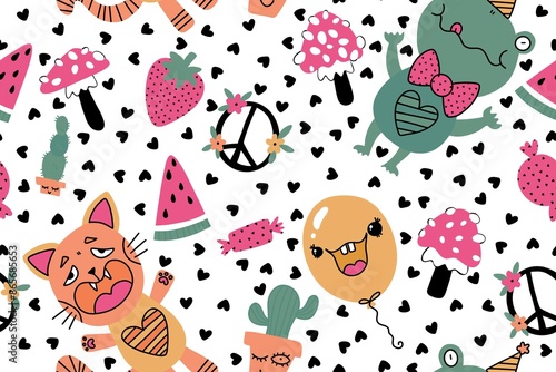 Wallpaper Mural Cartoon birthday animals seamless frogs and cats and strawberry and watermelon Torontodigital.ca