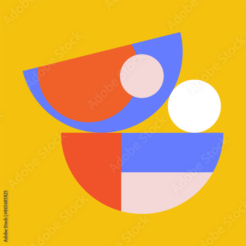 Bright geometric shapes stacked on top of each other in vertical balance on bright yellow background. Design abstract symbols for marketing, logo, business, advertising, avatar in simple flat style.
