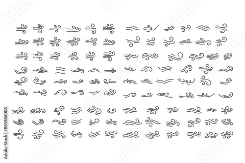 Doodle wind motion. Isolated vector set of abstract air swirls, blow waves, curve spirals in black colors, capturing the dynamic essence of movement and energy in a playful and artistic cartoon manner