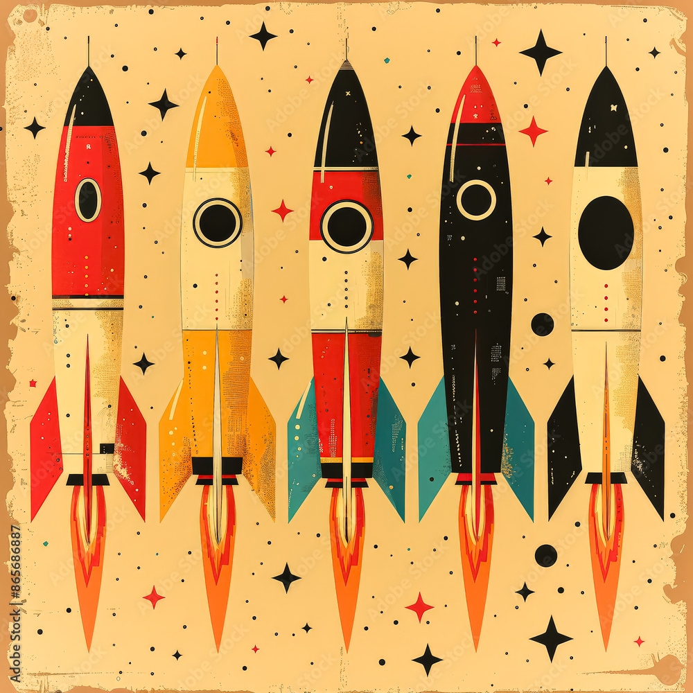 A series of colorful rockets are flying through the night sky, with stars A series of colorful rockets are flying through the night sky, with stars