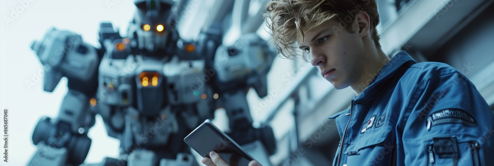 Selective focus of Caucasian man setting up combat robot. Selective focus of Caucasian man setting up combat robot.