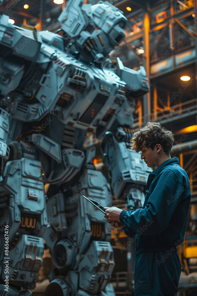 Selective focus of Caucasian man setting up combat robot. Selective focus of Caucasian man setting up combat robot.