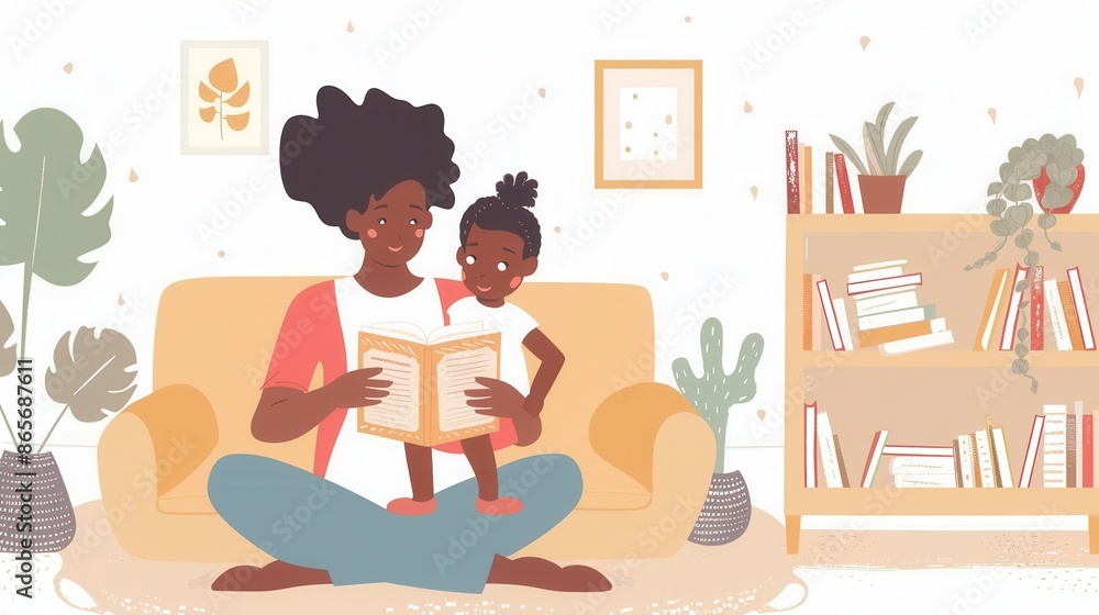 Fototapeta premium A mother sits on a yellow sofa, reading a book to her young daughter. The scene is warm and inviting, perfect for promoting early childhood literacy and the joy of reading. Generative AI