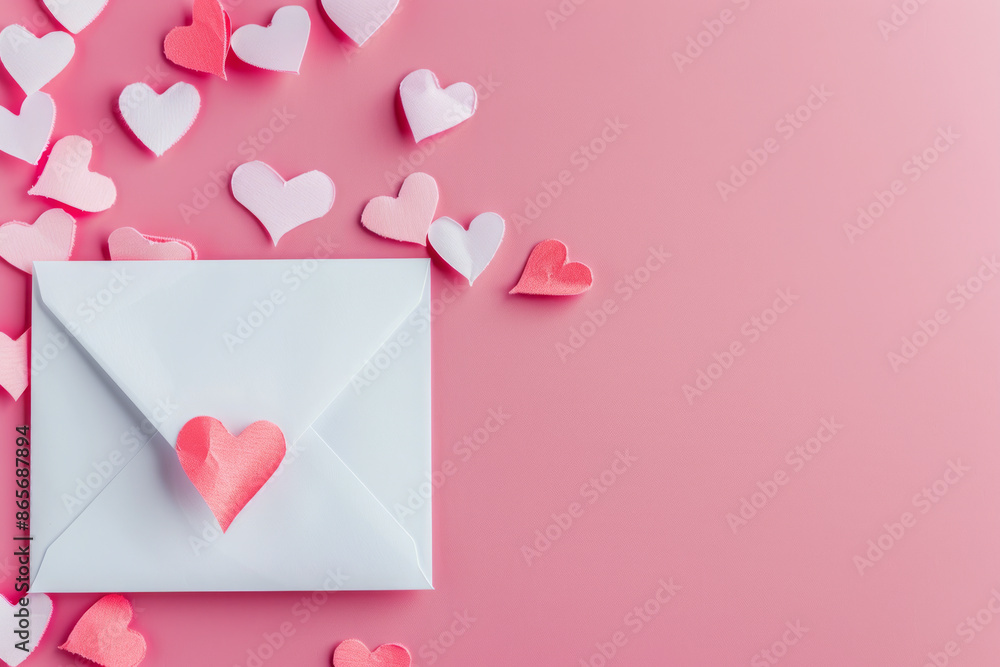 love letter envelope with paper craft hearts - flat lay on pink valentines or anniversary background. Generative AI love letter envelope with paper craft hearts - flat lay on pink valentines or anniversary background. Generative AI