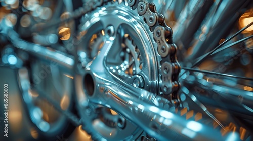 Close-up of a bicycle gear and chain in motion, mechanical details and engineering concept