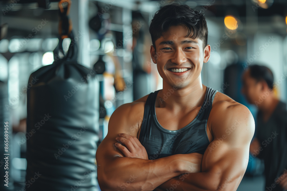 Asian man wearing tank top smiling with confidence at boxing gym. Asian man wearing tank top smiling with confidence at boxing gym.