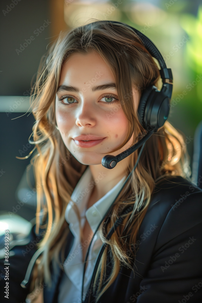 Caucasian female call center employee working in the office. Caucasian female call center employee working in the office.