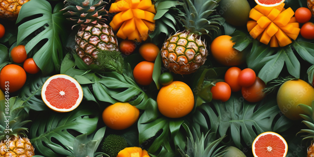 Tropical fruits like pineapple, mango and papaya create an exotic pattern (tile) Tropical fruits like pineapple, mango and papaya create an exotic pattern (tile)