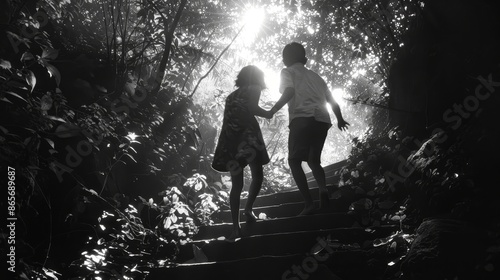 small children a boy and a girl climb the forest stairs from darkness to light