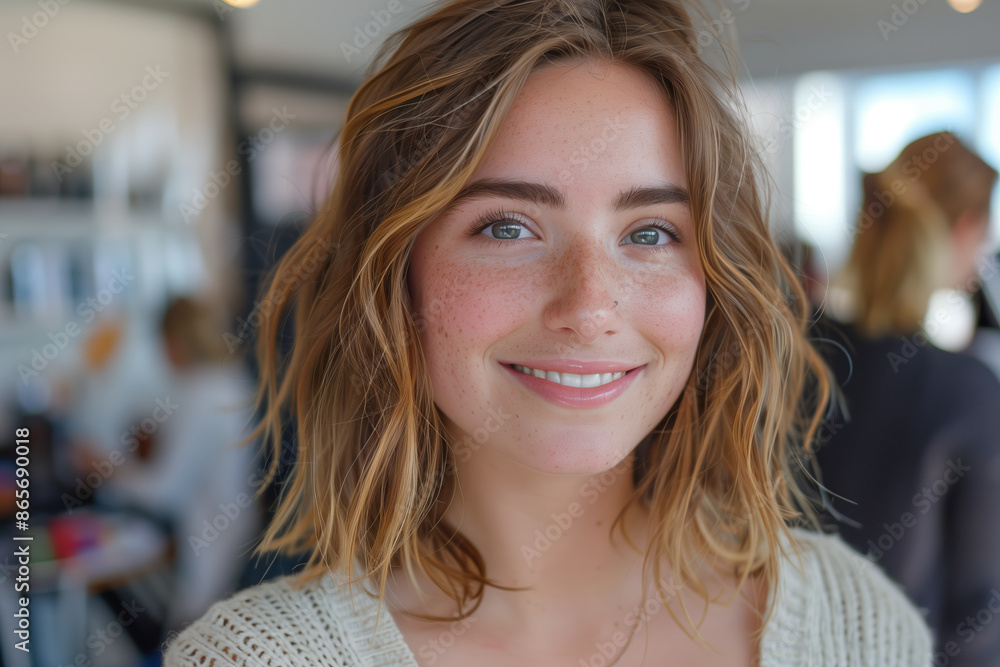 Caucasian woman smiling with confidence in beauty salon. Caucasian woman smiling with confidence in beauty salon.