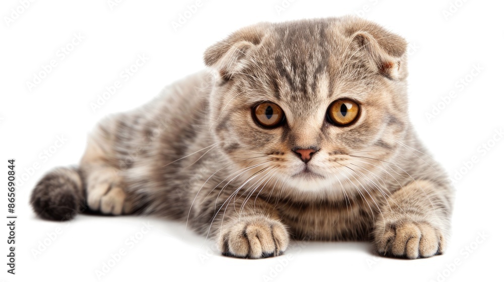 Cute cat portrait on white background Scottish fold tabby kitten with yellow eyes Cute cat portrait on white background Scottish fold tabby kitten with yellow eyes