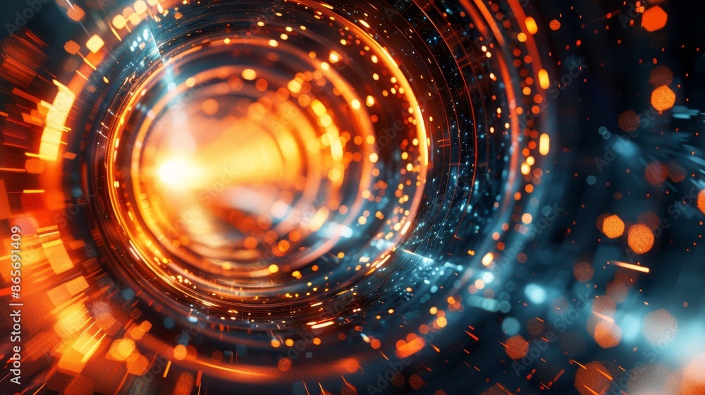 A spiral of bright colors with a bright orange light in the center A spiral of bright colors with a bright orange light in the center