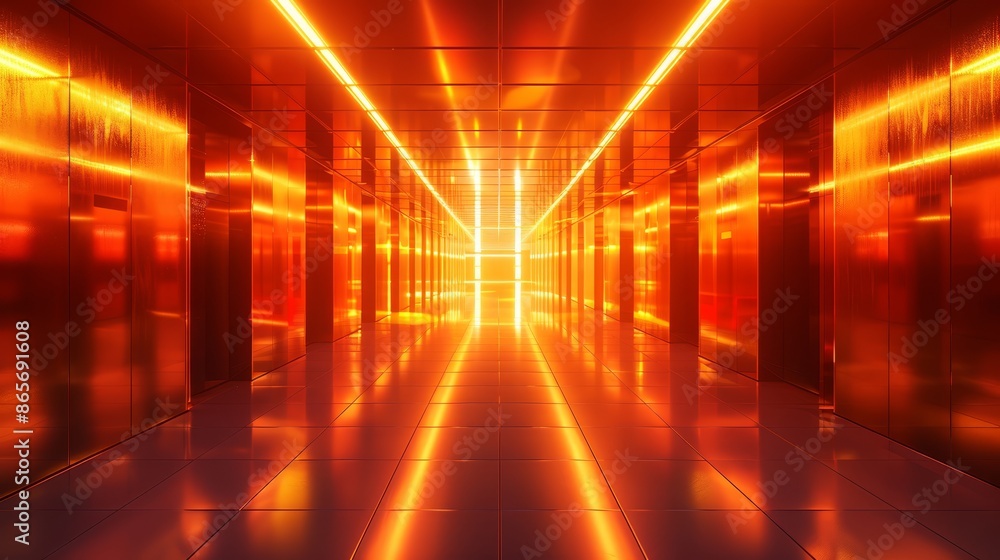 A long hallway with a bright orange light shining down on it A long hallway with a bright orange light shining down on it