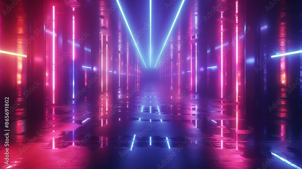 A neon colored tunnel with a blue and red light A neon colored tunnel with a blue and red light