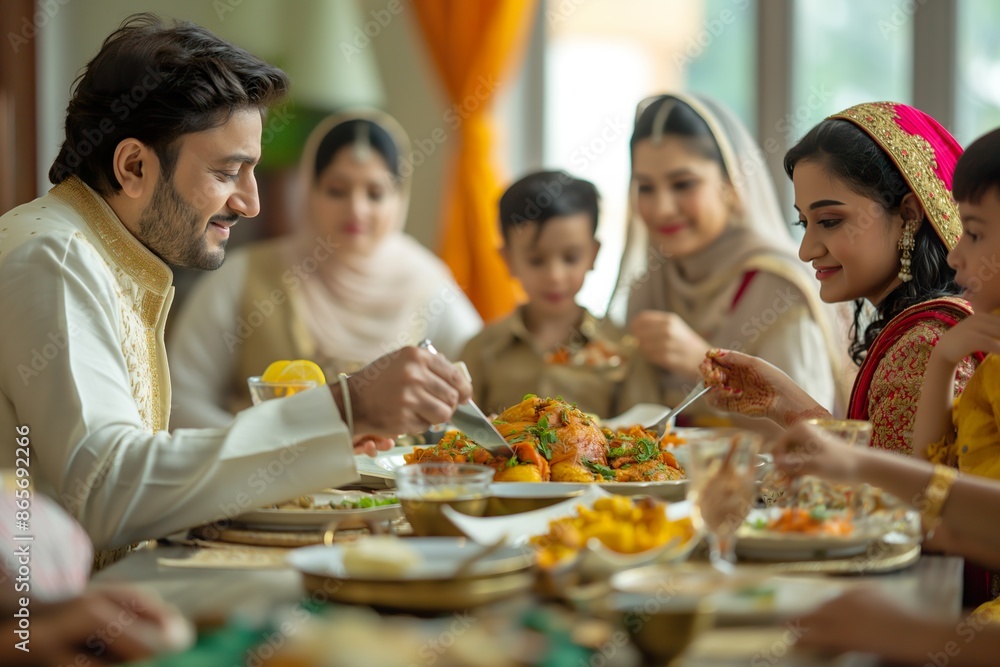 An Indian family gathers around a table, enjoying a meal together. An Indian family gathers around a table, enjoying a meal together.
