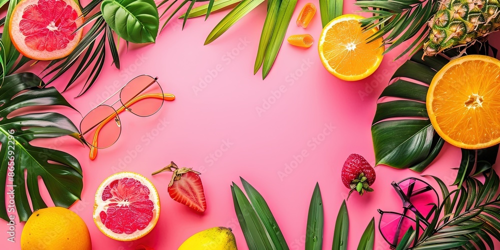 Bright and vibrant summer flat lay cover banner. Empty area in the center of the frame, Pink background, palm branches, sun glasses Bright and vibrant summer flat lay cover banner. Empty area in the center of the frame, Pink background, palm branches, sun glasses