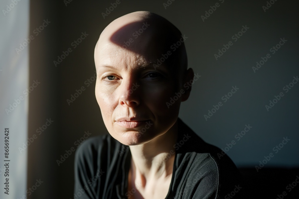 A close-up photo of a bald woman looking directly at the camera. The sunlight is casting a shadow across her face. A close-up photo of a bald woman looking directly at the camera. The sunlight is casting a shadow across her face.