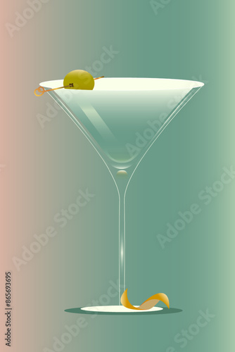 Martini cocktail in a martini glass, garnished with a green olive against soft green gradient background. Vector illustration. Creative design. Concept of alcohol drink, bar menu, refreshment