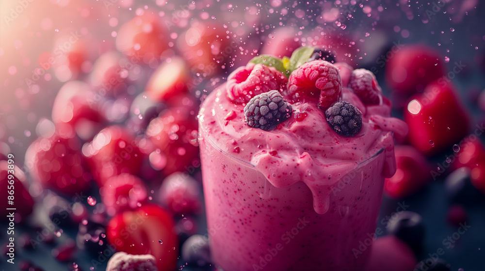 A close-up image of a vibrant pink smoothie, topped with fresh berries and a sprinkle of frozen fruit, capturing the essence of a delicious and healthy summer treat A close-up image of a vibrant pink smoothie, topped with fresh berries and a sprinkle of frozen fruit, capturing the essence of a delicious and healthy summer treat