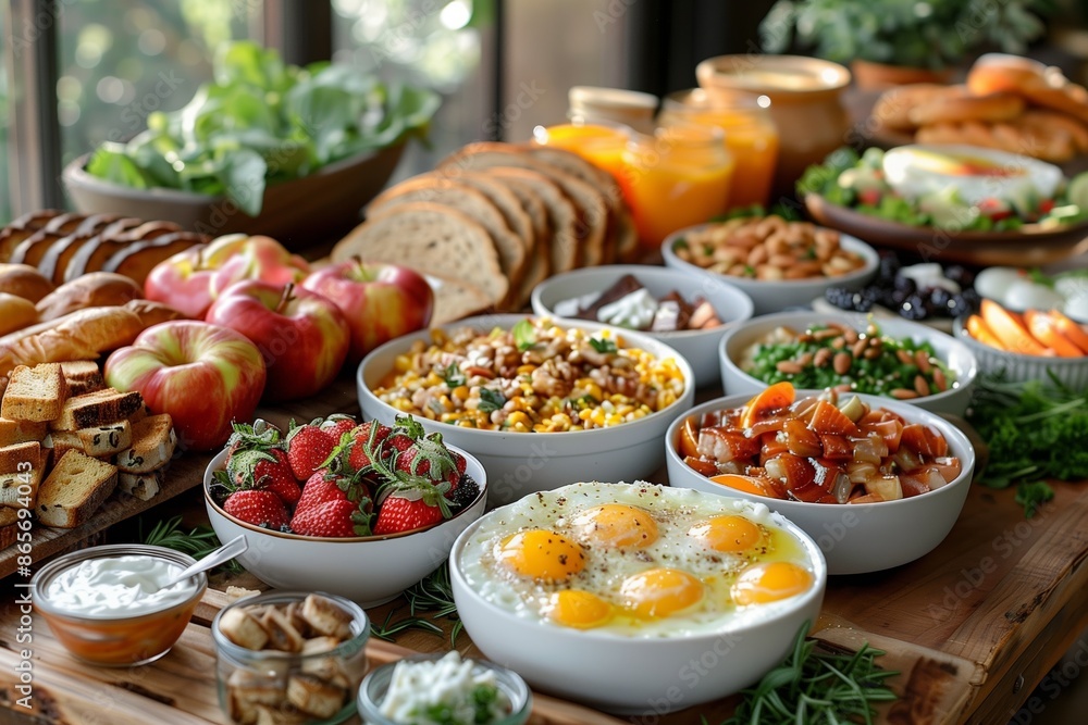 Abundant Breakfast Buffet With Fresh Fruit, Eggs, and Bread Abundant Breakfast Buffet With Fresh Fruit, Eggs, and Bread