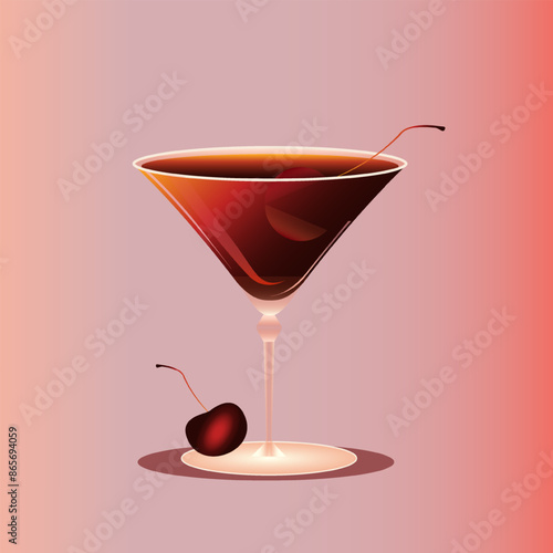 Manhattan cocktail garnished with cherry against pink gradient background with additional cherry decoration. Vector illustration. Creative design. Concept of alcohol drink, bar menu, refreshment