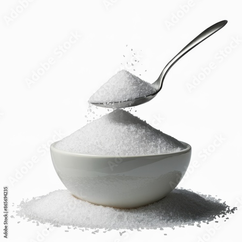 White granulated sugar heaped on a metallic spoon, with additional sugar in a ceramic bowl on a clean white background. ideal for culinary, baking, and food photography purposes.