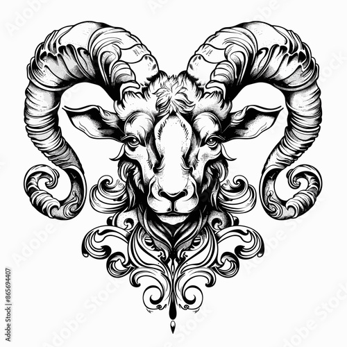A ram with horns is drawn in black and white. The ram has a very detailed and intricate design on its face and horns. Scene is elegant and sophisticated