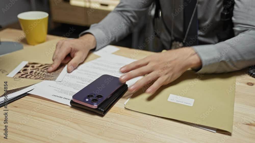 A young man in a detective's office examines evidence with smartphone and documents on desk. A young man in a detective's office examines evidence with smartphone and documents on desk.