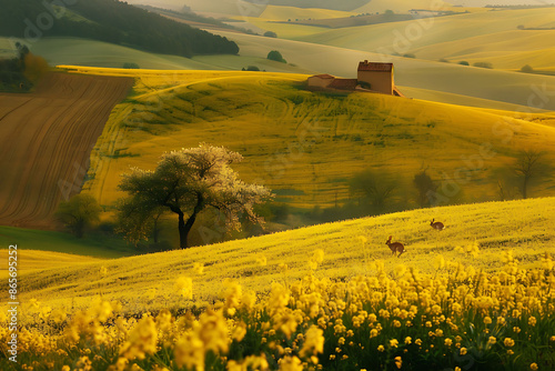 Vibrant rapeseed field Valensole Plateau Provence France during spring bloom golden flower carpeting rolling hill ancient stone farmhouse dotting landscape